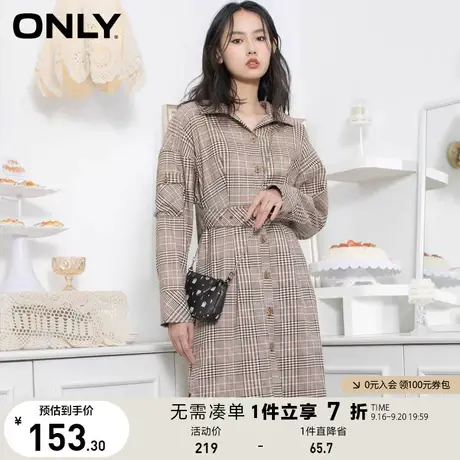 ONLY奥莱夏季复古格子收腰短款长袖洋气设计感连衣裙女图片