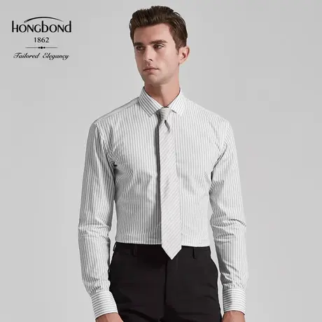 红邦创衣 修身DP成衣免烫抗皱长袖衬衫男长绒棉条纹上班男装潮流商品大图