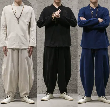 中国风男装唐装棉麻套装宽松居士服禅服中式复古汉服男亚麻两件套图片