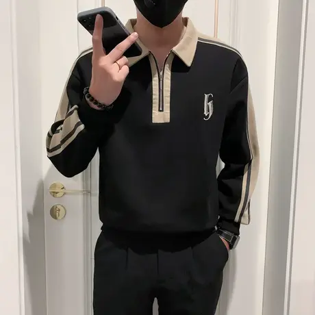 重磅潮牌个性半拉链设计POLO衫长袖T恤男春秋季个性痞帅卫衣外套商品大图