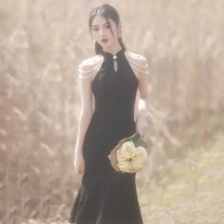 黑色小晚礼服裙女孤注一掷金晨同款连衣裙平时可穿旗袍鱼尾主持人图片