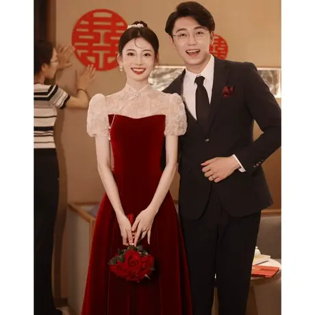 敬酒服2023新款新娘结婚当天穿便装法式订婚礼服红色连衣裙设计感商品大图