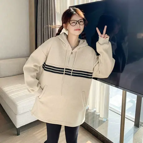 othermix加绒加厚连帽卫衣女秋冬新款宽松休闲半拉链套头上衣外套图片