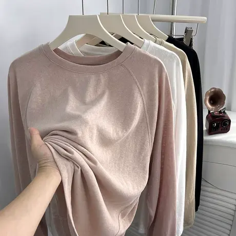 宽松舒适竹节棉长袖t恤女春秋季薄款简约纯色圆领上衣百搭打底衫商品大图