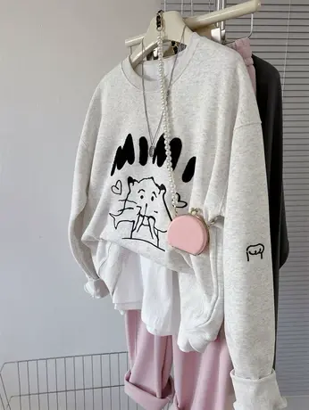 调皮小猫刺绣毛巾绣字母简约洋气宽松上衣女春装圆领INS韩系卫衣商品大图