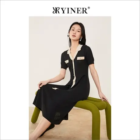 YINER音儿线上专选女装2022夏季赫本风竖坑肌理撞色连衣裙图片