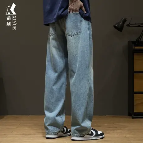 希越美式复古牛仔裤男2024春秋款宽松直筒休闲裤胖子大码水洗长裤商品大图