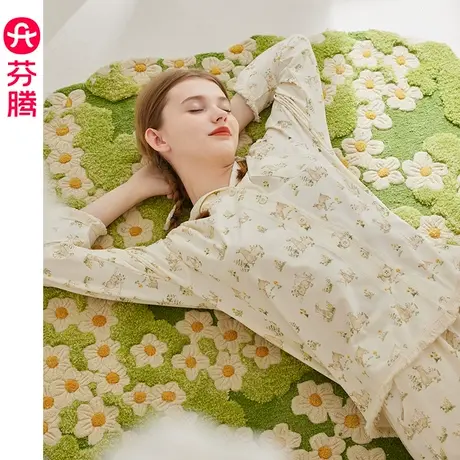 芬腾纯棉睡衣女春秋季长袖翻领开衫休闲宽松全棉可外穿家居服套装商品大图