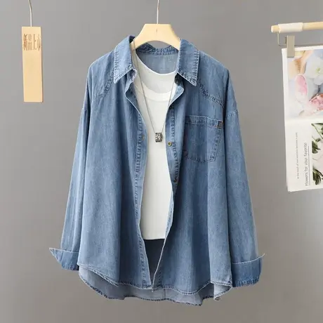 早春新品牛仔衬衫女宽松H型长袖衬衣外套美式休闲复古上衣开衫潮商品大图