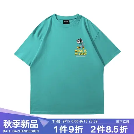 vintage复古宽松绿色短袖T恤上衣男oversize慵懒风落肩学院风半袖商品大图