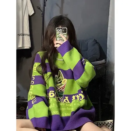 奶fufu的条纹毛衣女春秋薄款宽松日系慵懒复古软糯慵懒风长袖上衣图片