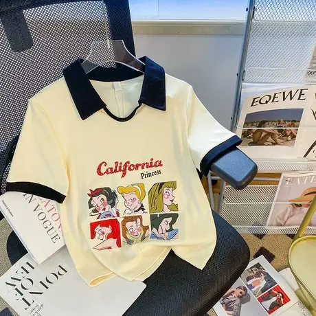 纯棉polo卡通趣味短袖t恤女夏季新款设计感小众宽松上衣洋气减龄图片