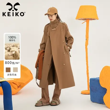 【2色】大牌设计感驼色双面羊绒大衣2022冬宽松系带过膝长款外套商品大图