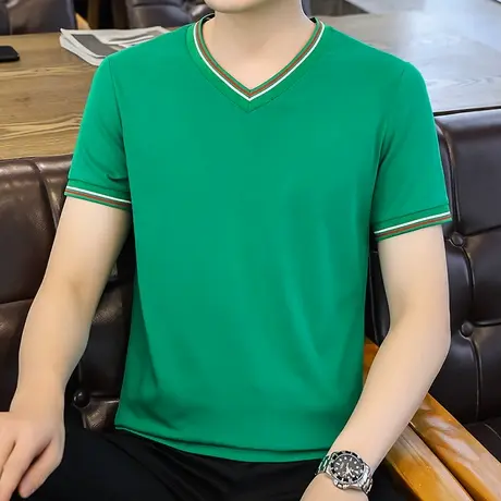 短袖V领t恤男2023夏季新款宽松纯棉纯色青年爸爸装百搭上衣打底衫商品大图