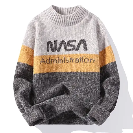 秋冬季加厚金貂绒半高领毛衣男士撞色提花个性针织打底衫保暖潮流商品大图