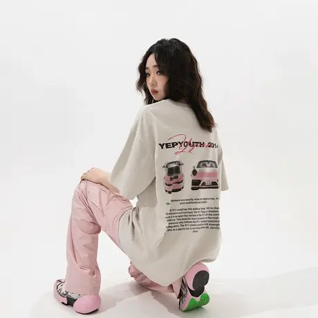 YEP复古汽车印花短袖t恤女夏季2024年新款情侣装半袖宽松潮牌上衣图片