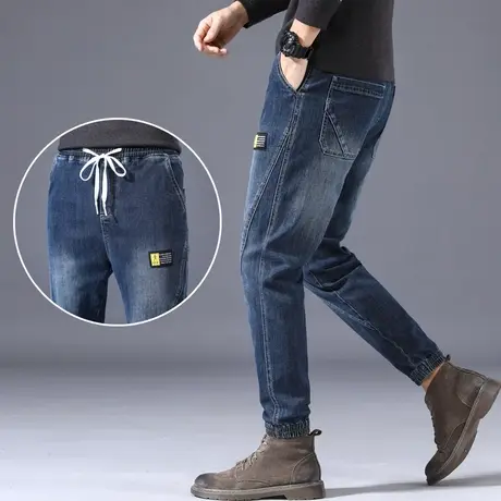 春秋款秋季男士牛仔裤哈伦老爹宽松紧束脚抽绳潮流裤子秋冬款百搭商品大图
