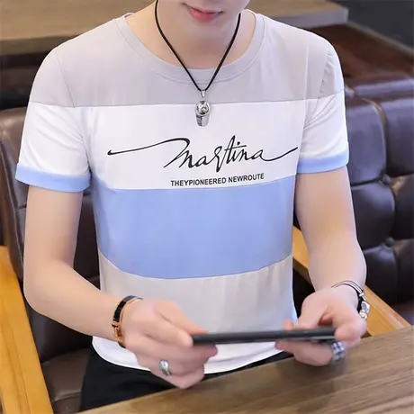 2024夏季新款纯棉短袖T恤男士韩版ins潮流修身休闲拼接体恤青少年图片