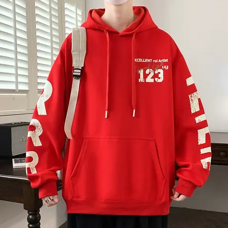 2024新款大红色连帽卫衣男休闲宽松潮流帅气青少年男装外套上衣服商品大图