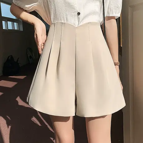 杏色西装短裤女2024春夏新款高腰显瘦a字设计压褶百搭休闲阔腿裤图片