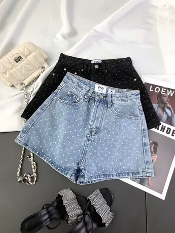 韩版波点印花牛仔短裤女2024春夏新款显瘦百搭高腰裤阔腿a字短裤商品大图
