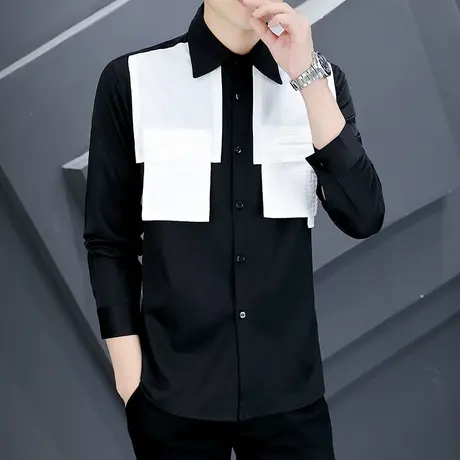 设计感小众撞色黑白拼色衬衫男秋季潮牌美发型师夜店长袖个性衬衣商品大图
