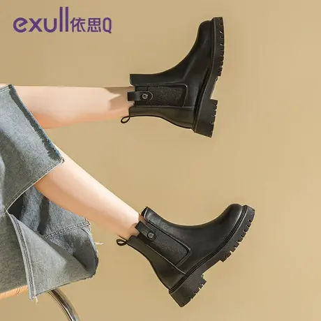 依思q厚底切尔西靴2023新款靴子女秋冬女鞋烟筒靴加绒马丁靴短靴商品大图