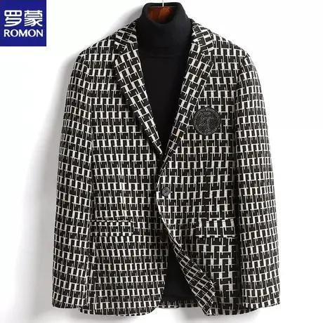 罗蒙时尚提花西装男士韩版青年英伦黑白格子商务休闲便西服外套潮图片