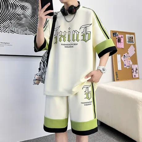 休闲套装男夏季潮牌冰丝运动短袖短裤男装一套搭配青少年帅气衣服商品大图