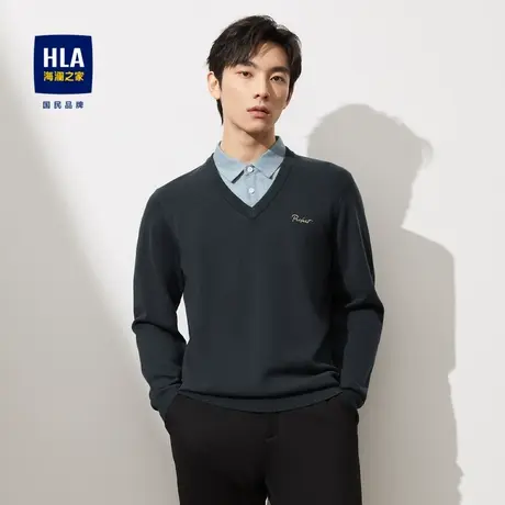 HLA/海澜之家长袖针织衫男2023秋季双领字母绣花修身时尚毛衣男图片