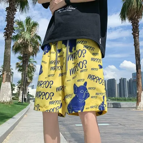 夏季薄款休闲睡裤男居家宽松冰丝速干沙滩裤潮牌花短裤五分大裤衩商品大图