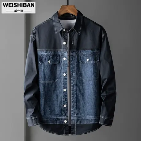 春秋季新款拼接撞色宽松牛仔衬衫男士翻领时尚工装多袋衬衣式外套图片