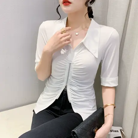 2023夏新款时尚拉链开叉T恤女气质POLO衫洋气收腰小衫设计感上衣商品大图