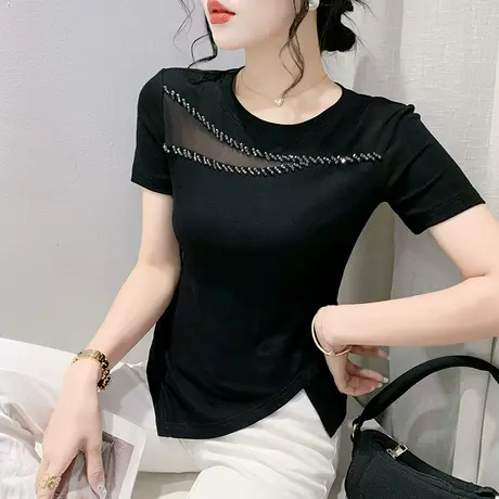 性感镂空上衣女短袖洋气网纱拼接T恤不规则开叉钉珠小衫修身夏装图片