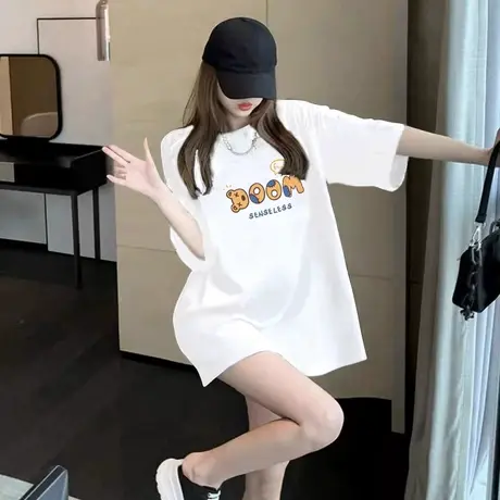 欧货白色卡通短袖T恤女中长款2023夏新款宽松纯棉时尚质感上衣ins商品大图