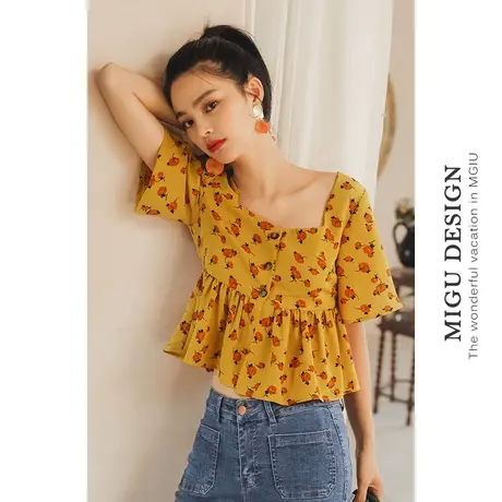 弥古法式方领短款女上衣雪纺短袖黄色碎花娃娃衫夏复古玫瑰花衬衣图片