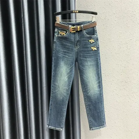 个性刺绣复古磨白烟管裤港味2023女秋新款修身显瘦高腰牛仔直筒裤图片