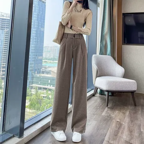咖色毛呢阔腿裤女2023年春秋新款高腰垂感直筒宽松百搭休闲拖地裤商品大图