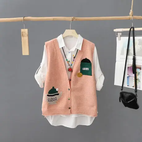无袖针织开衫女春装新款宽松V领马甲百搭休闲毛坎肩背心外套毛衣X商品大图