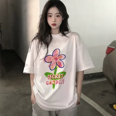 美式复古印花短袖t恤女夏季2023年新款宽松半袖chic港味上衣ins潮商品大图