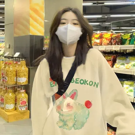 炸街卫衣女薄款2023年加绒加厚圆领中长款宽松bf慵懒风早秋冬上衣图片