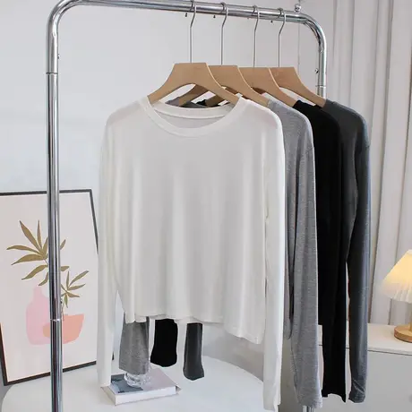 柔软短款莫代尔t恤上衣女春秋宽松圆领长袖内搭打底衫运动舞蹈服商品大图