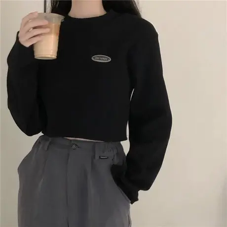 ins超火短款T恤女春秋长袖打底衫韩版潮宽松高腰露脐韩风chic上衣商品大图