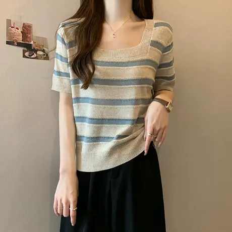 条纹薄款冰丝方领短袖t恤女夏季2023新款设计感小众针织衫上衣服商品大图