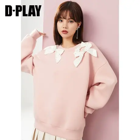 DPLAY春新款法式甜美镶钻蝴蝶结装饰浅橘粉圆领套头卫衣商品大图