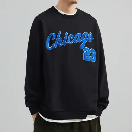 奕飏男装2022春秋季宽松休闲男士圆领套头卫衣长袖上衣韩版假两件图片