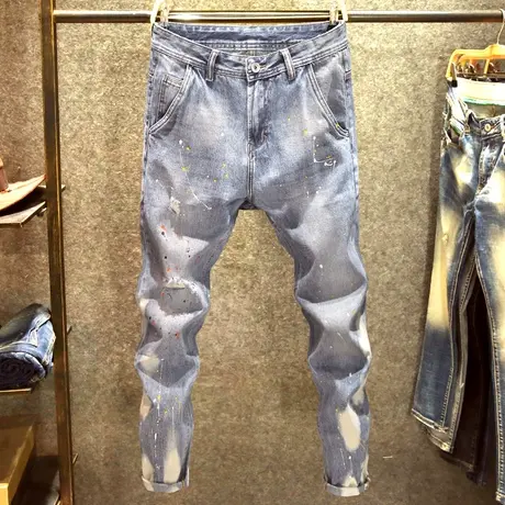 秋冬款磨白牛仔裤男士潮牌破洞宽松直筒裤时尚潮流泼墨裤子男百搭商品大图