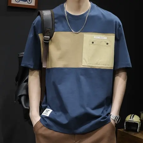 重磅短袖t恤男士体恤宽松大码男装潮牌2023新款纯棉撞色衣服夏季商品大图