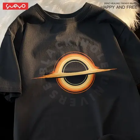 悦游「黑洞」字母印花短袖T恤男街头美式黑色半袖夏季潮牌休闲商品大图