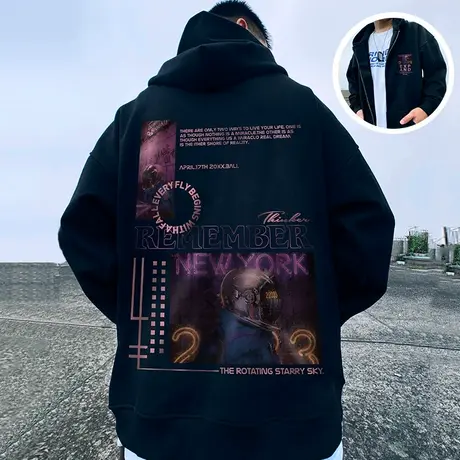 潮牌加绒加厚卫衣男宽松拉链连帽国潮加肥加大码男装开衫外套春秋商品大图